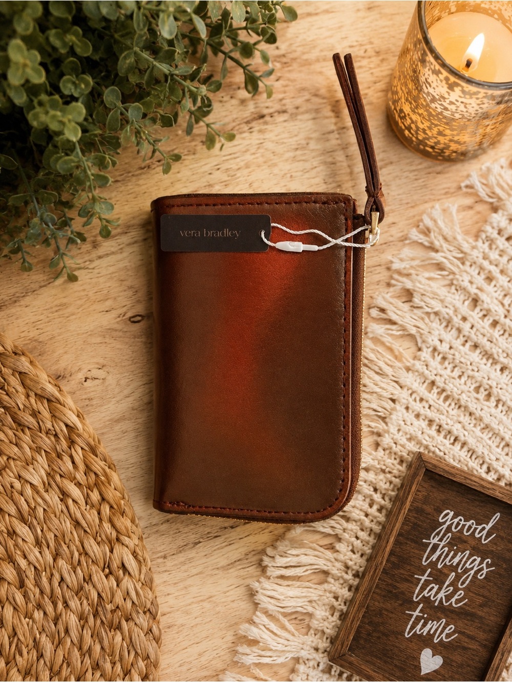 Vera Bradley Leather Zip Around Wallet Wristlet Brownze NWT